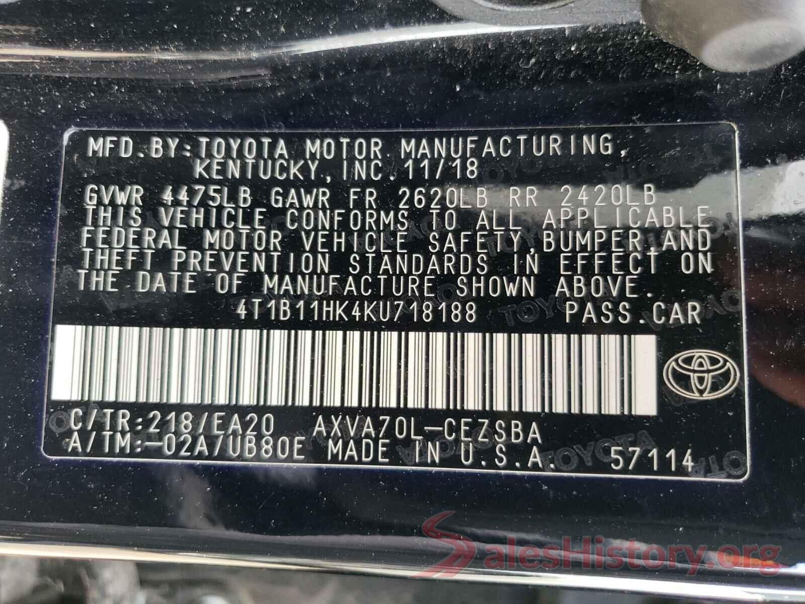 4T1B11HK4KU718188 2019 TOYOTA CAMRY