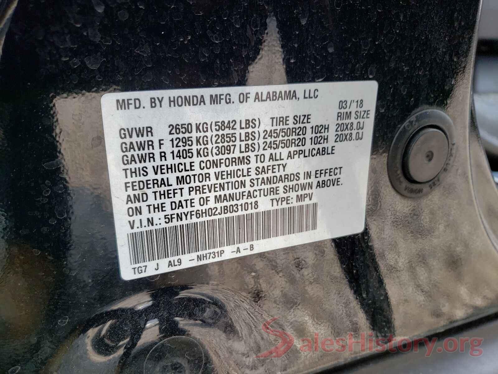 5FNYF6H02JB031018 2018 HONDA PILOT