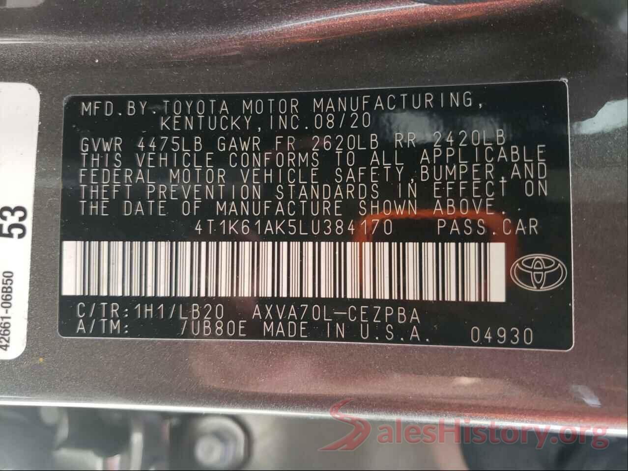 4T1K61AK5LU384170 2020 TOYOTA CAMRY