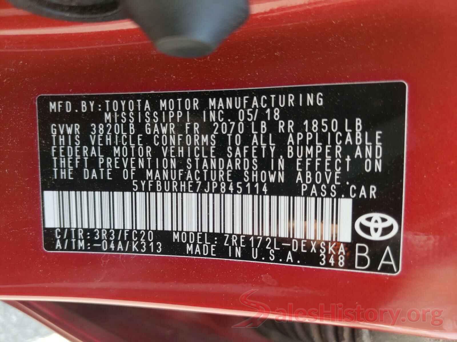 5YFBURHE7JP845114 2018 TOYOTA COROLLA