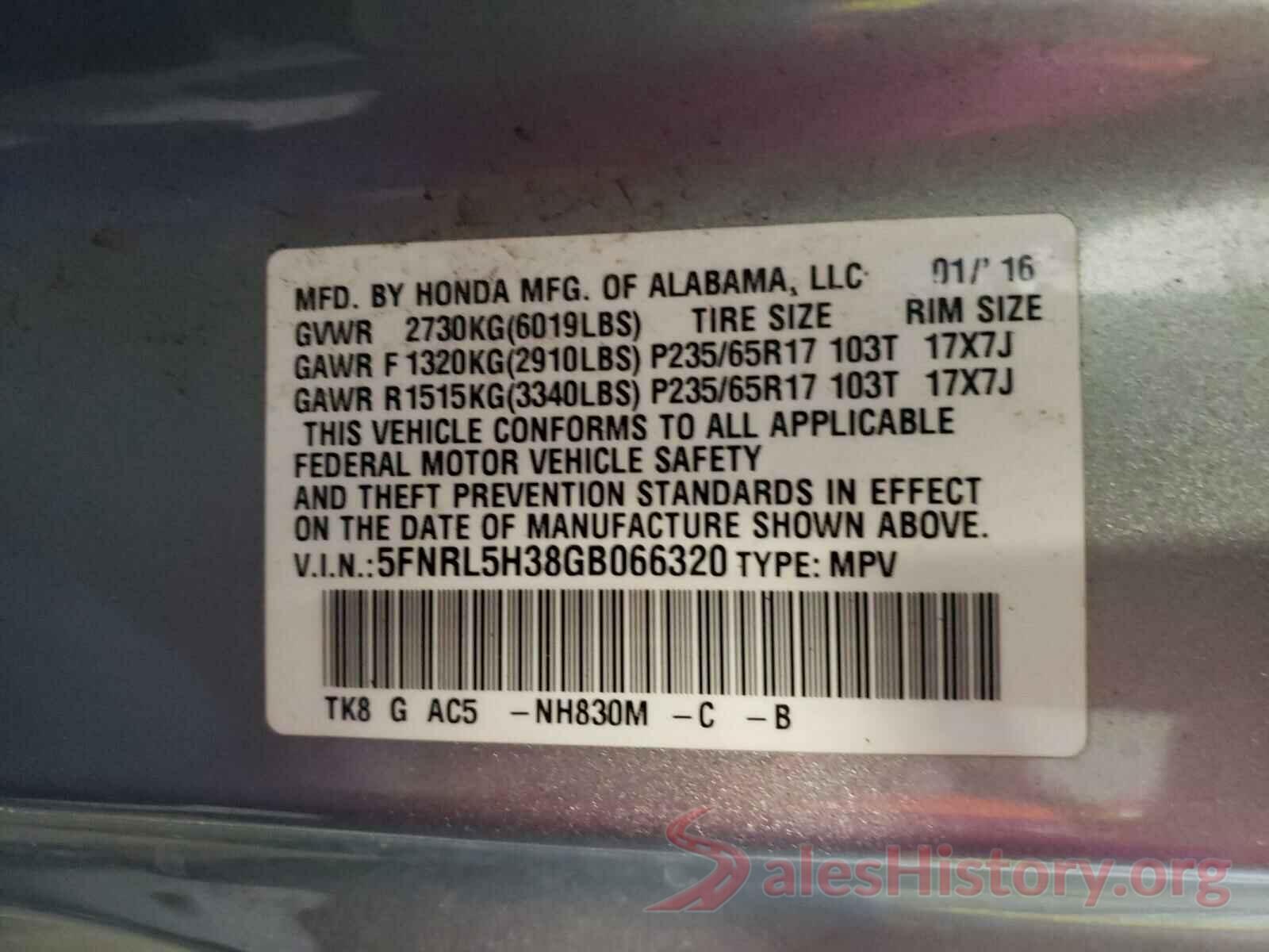 5FNRL5H38GB066320 2016 HONDA ODYSSEY