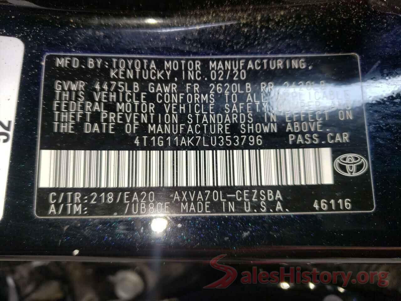 4T1G11AK7LU353796 2020 TOYOTA CAMRY