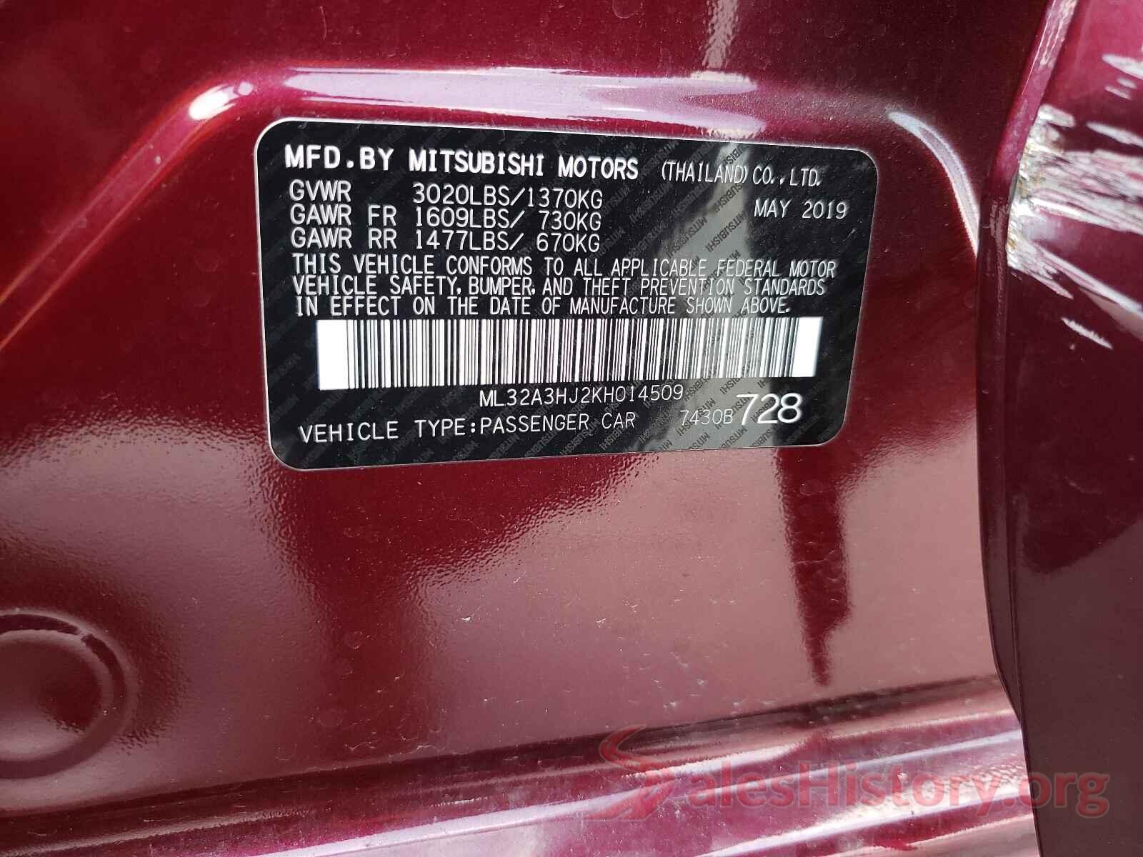 ML32A3HJ2KH014509 2019 MITSUBISHI MIRAGE