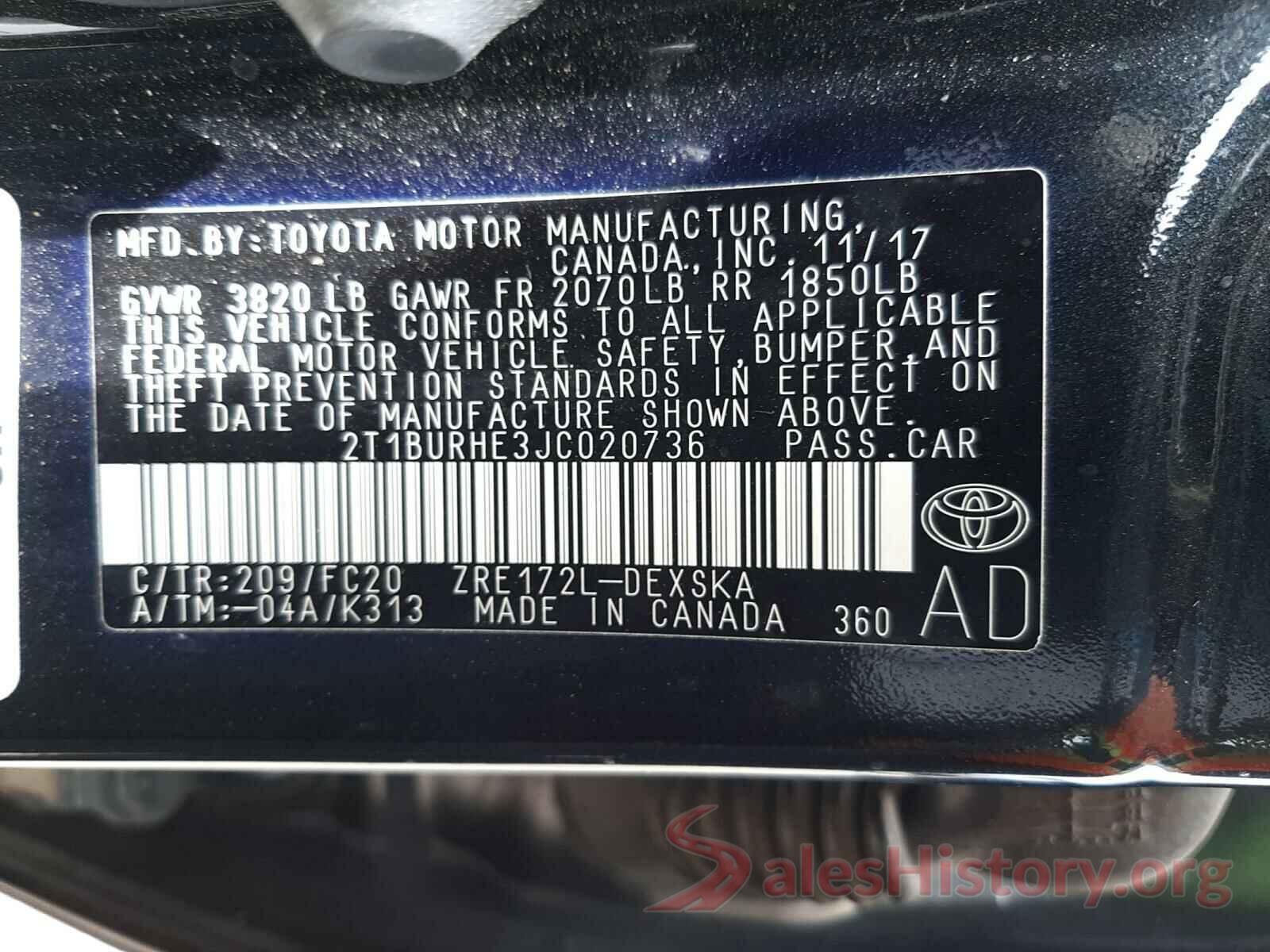 2T1BURHE3JC020736 2018 TOYOTA COROLLA