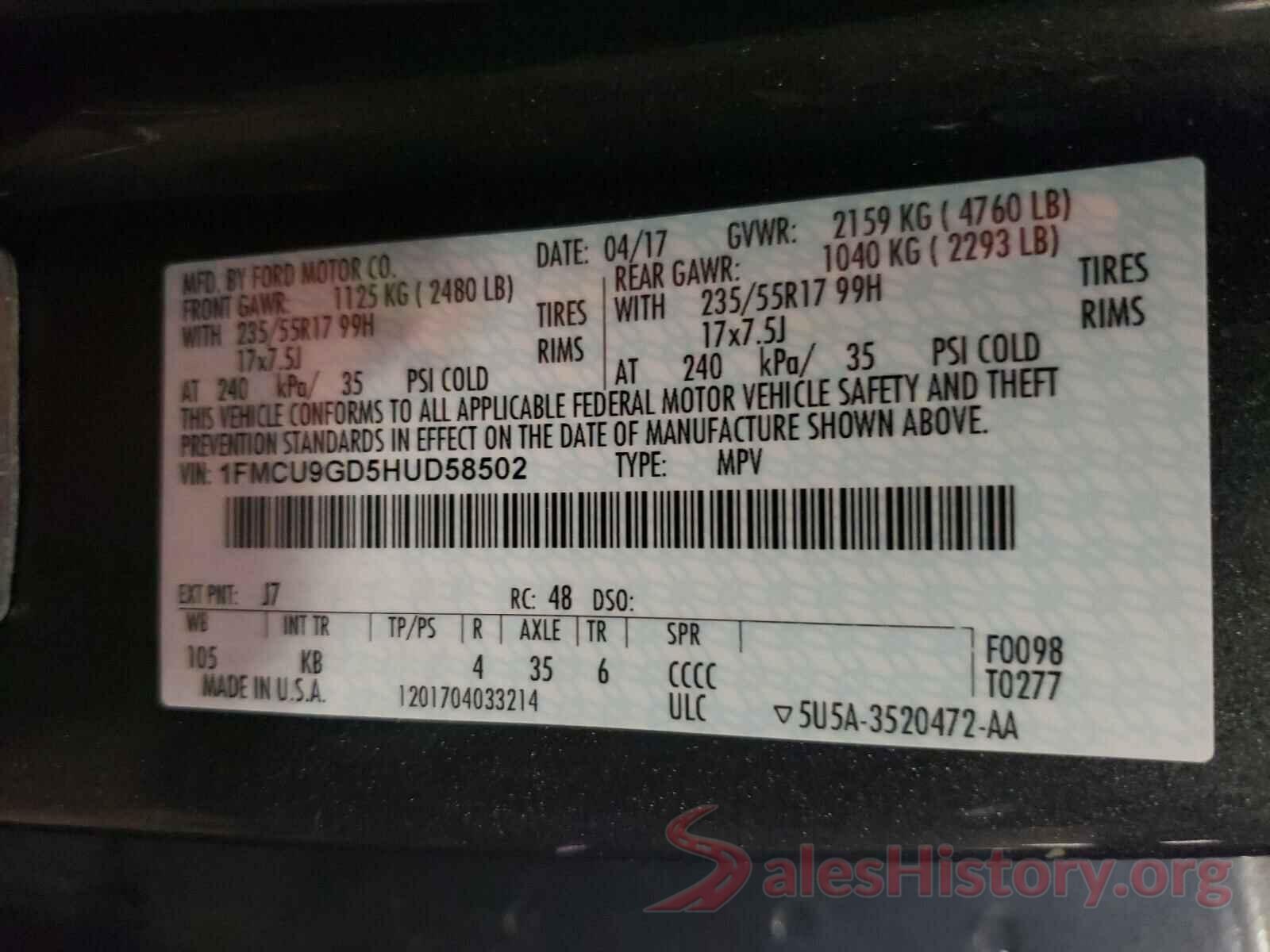 1FMCU9GD5HUD58502 2017 FORD ESCAPE