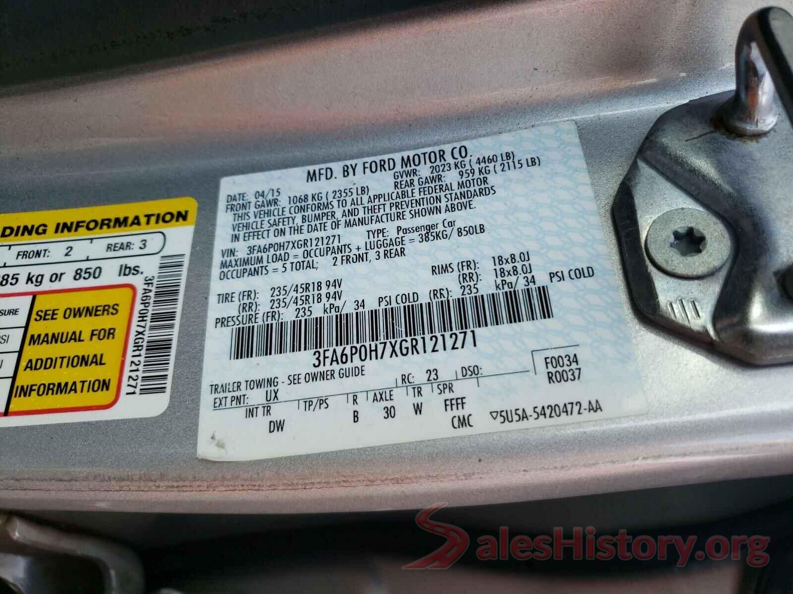 3FA6P0H7XGR121271 2016 FORD FUSION