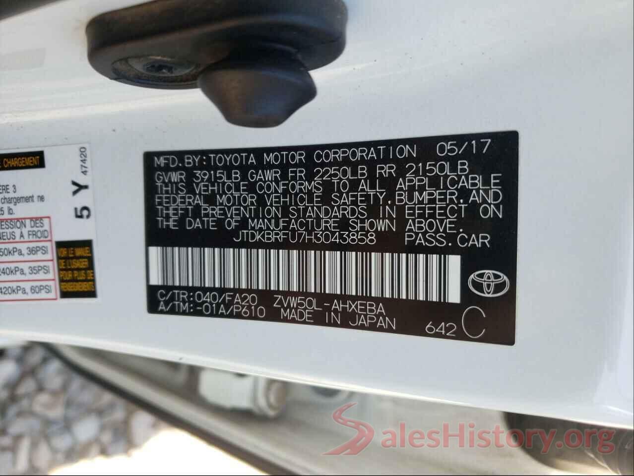 JTDKBRFU7H3043858 2017 TOYOTA PRIUS