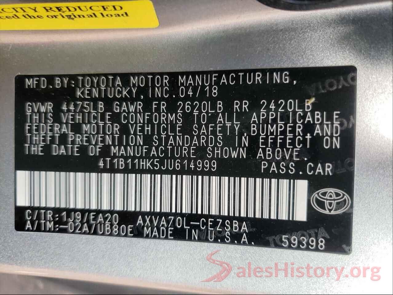 4T1B11HK5JU614999 2018 TOYOTA CAMRY