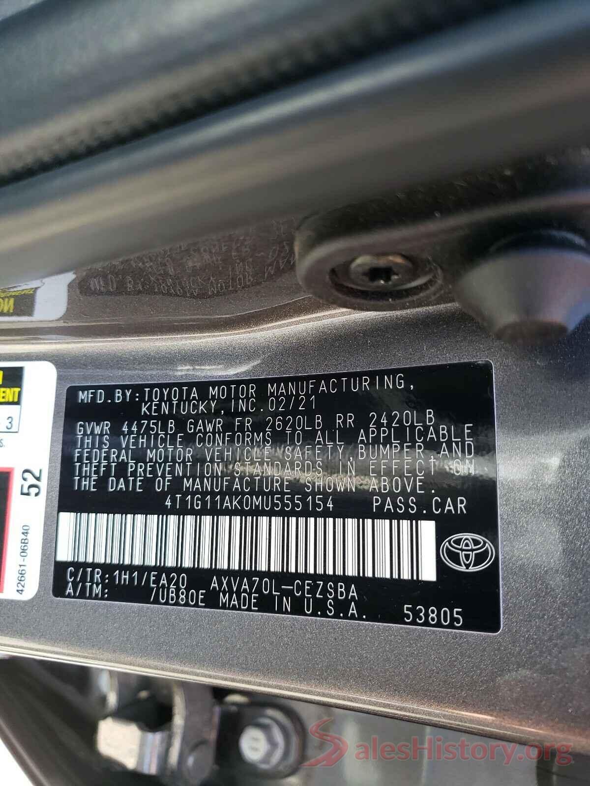 4T1G11AK0MU555154 2021 TOYOTA CAMRY