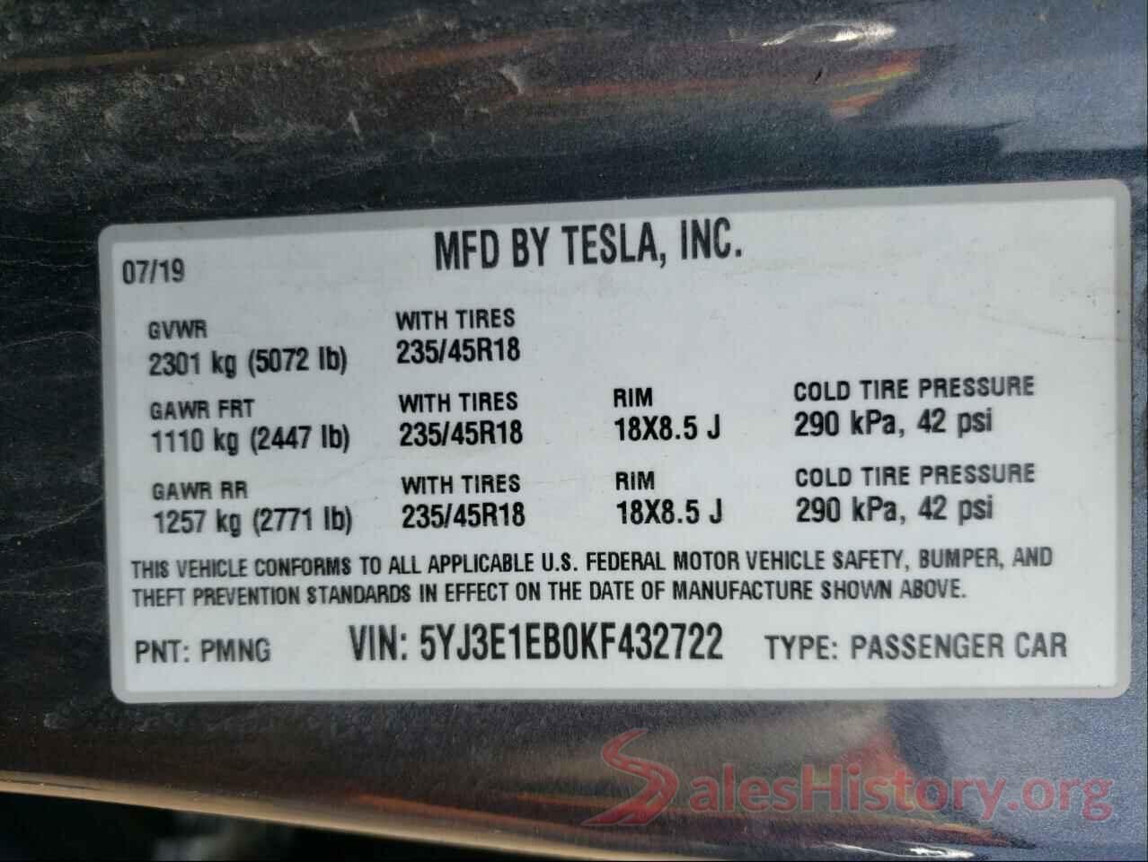 5YJ3E1EB0KF432722 2019 TESLA MODEL 3