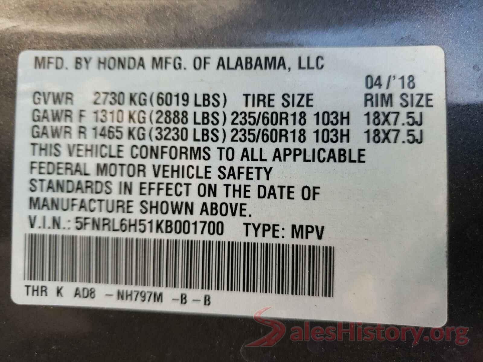 5FNRL6H51KB001700 2019 HONDA ODYSSEY