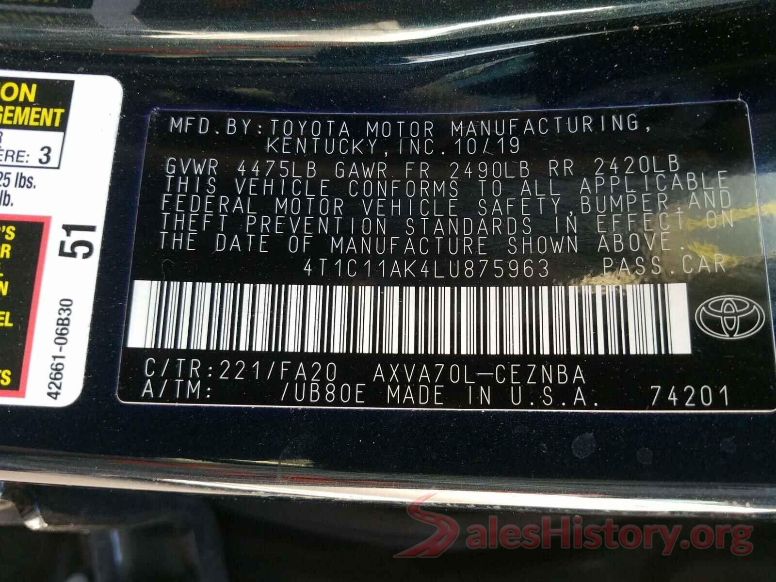 4T1C11AK4LU875963 2020 TOYOTA CAMRY