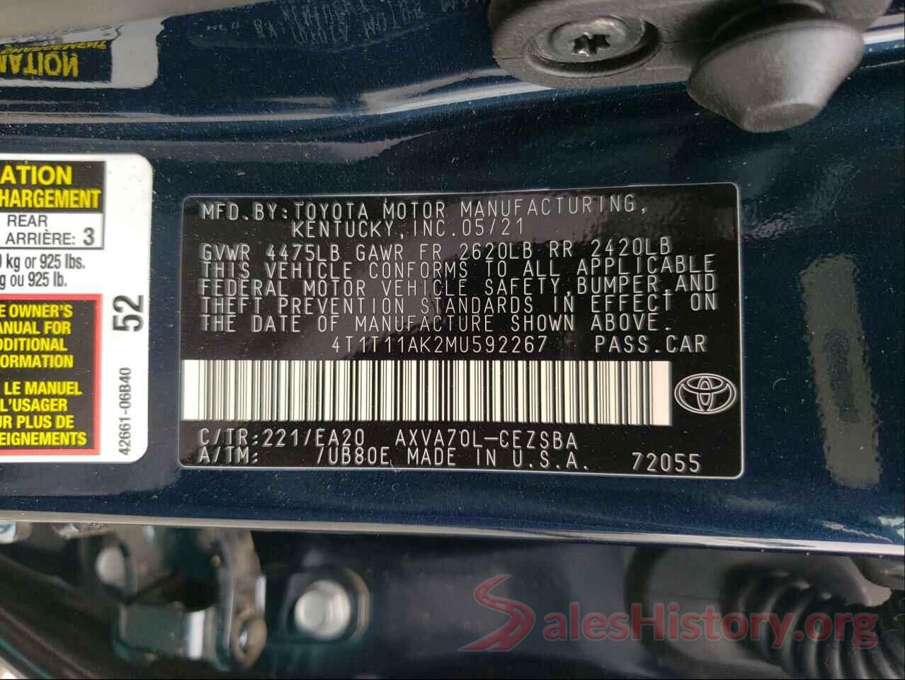 4T1T11AK2MU592267 2021 TOYOTA CAMRY