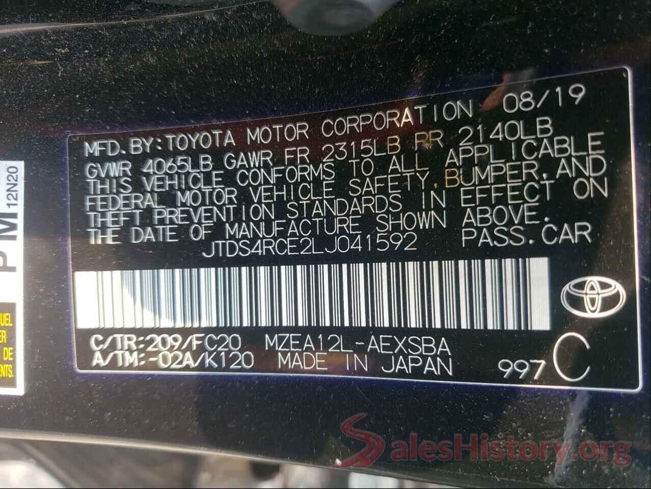 JTDS4RCE2LJ041592 2020 TOYOTA COROLLA