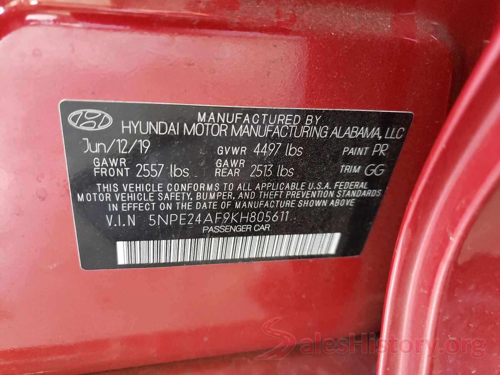 5NPE24AF9KH805611 2019 HYUNDAI SONATA