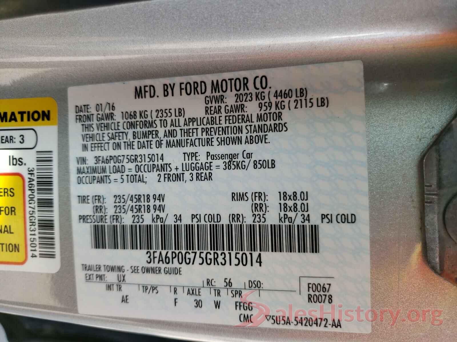 3FA6P0G75GR315014 2016 FORD FUSION