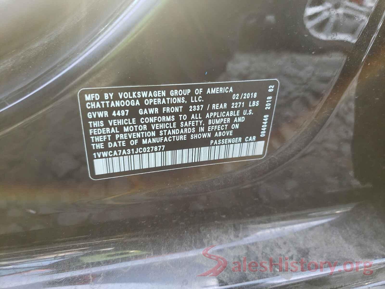 1VWCA7A31JC027877 2018 VOLKSWAGEN PASSAT