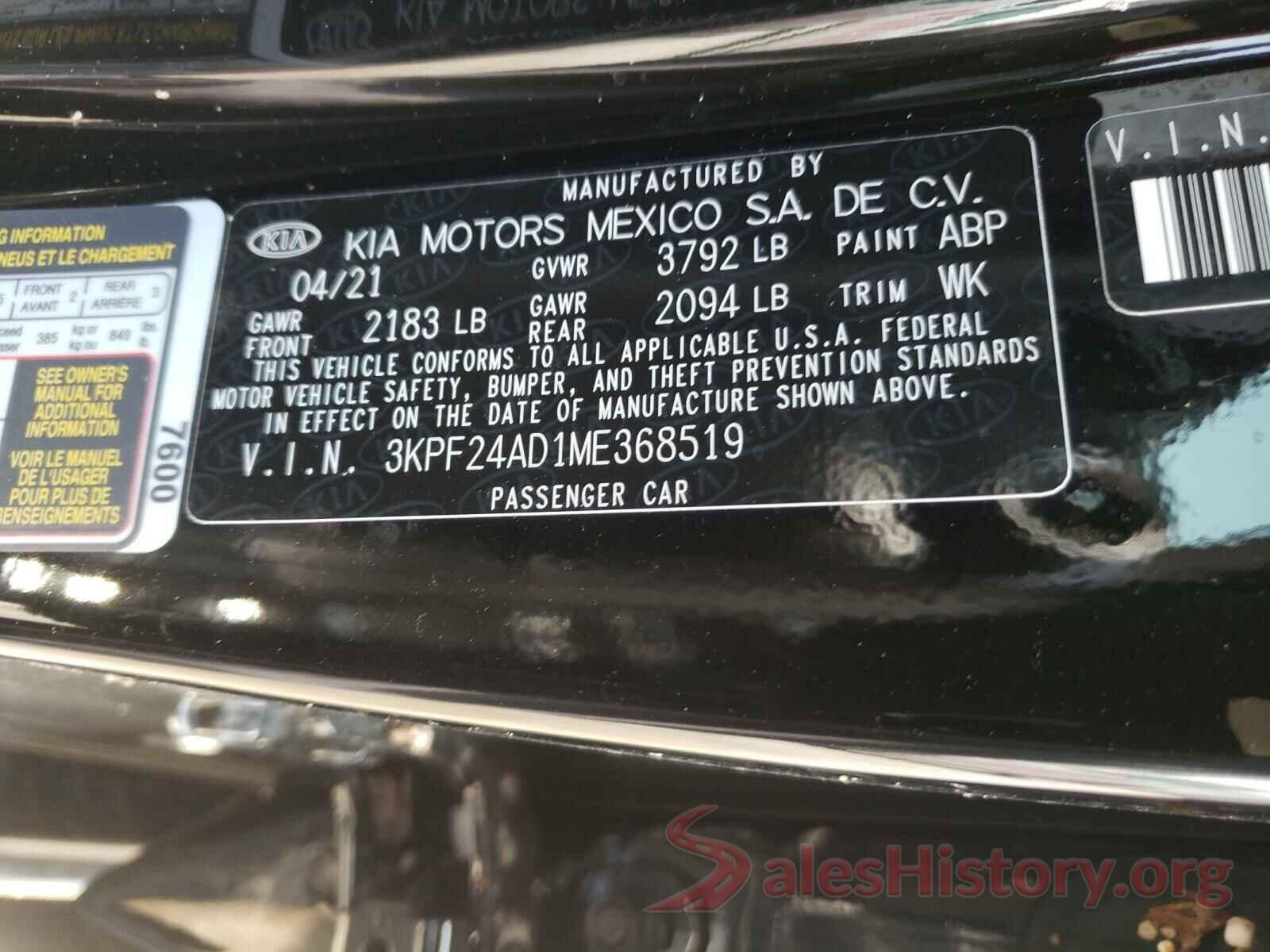 3KPF24AD1ME368519 2021 KIA FORTE