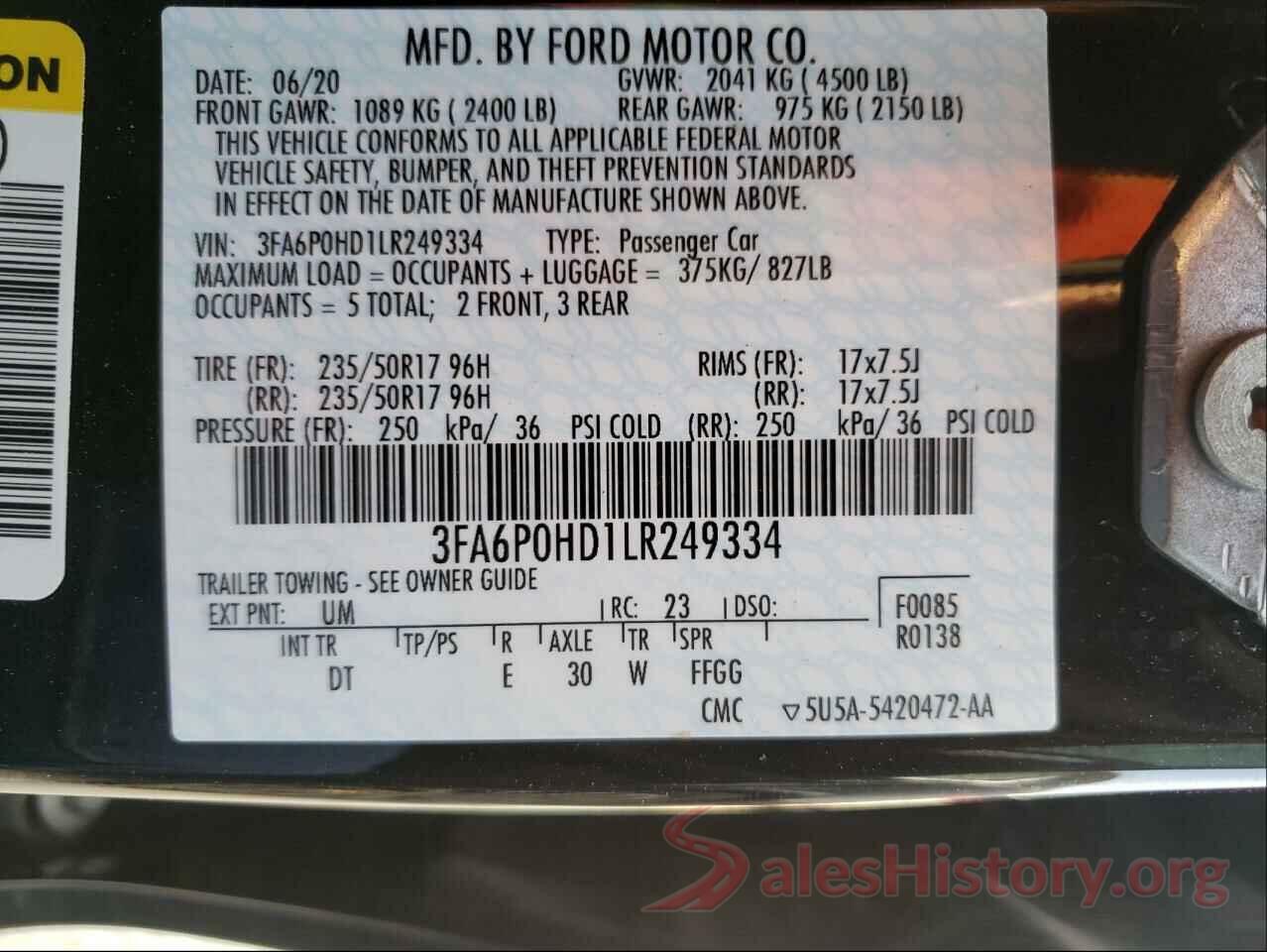 3FA6P0HD1LR249334 2020 FORD FUSION