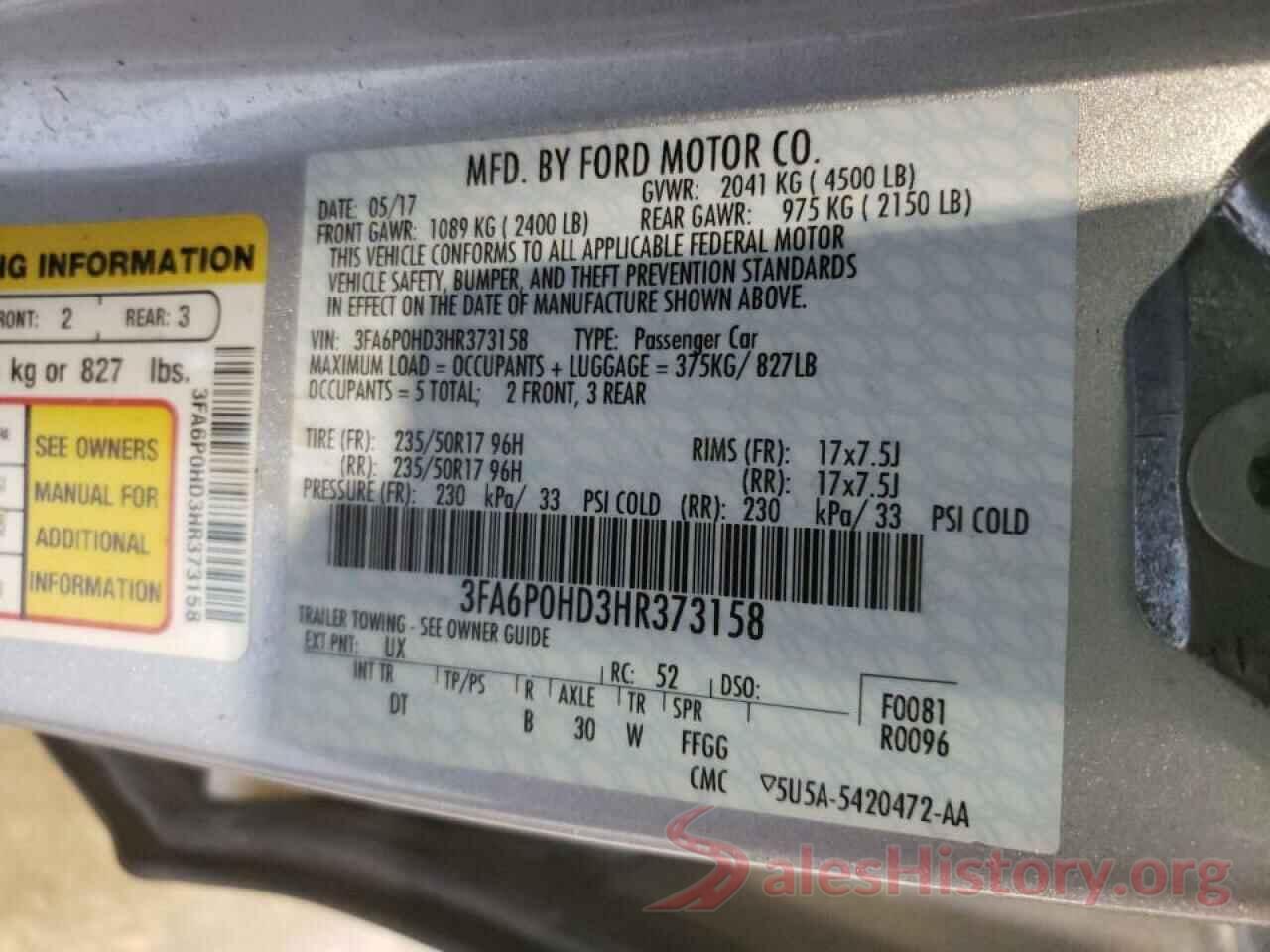 3FA6P0HD3HR373158 2017 FORD FUSION