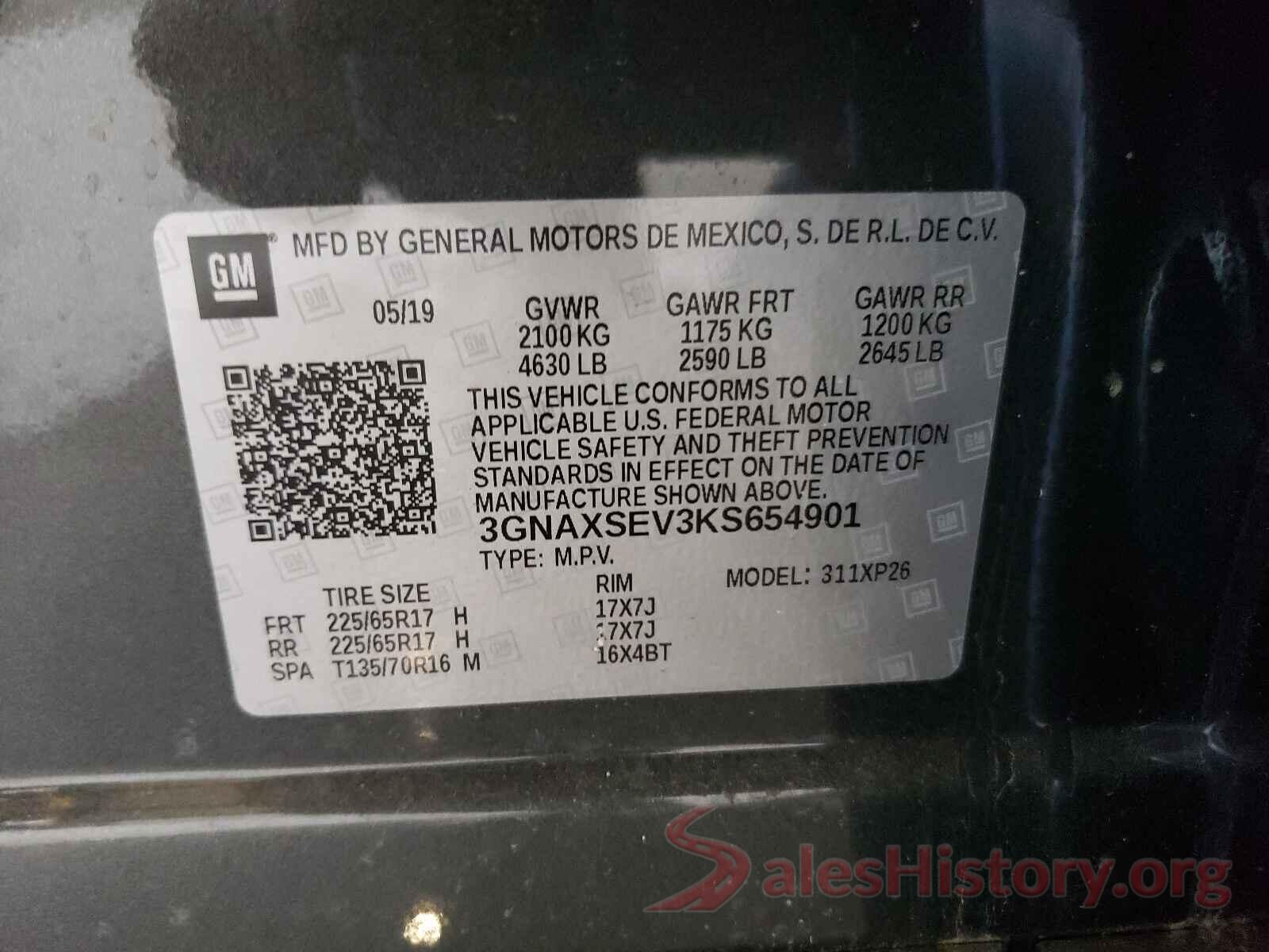 3GNAXSEV3KS654901 2019 CHEVROLET EQUINOX