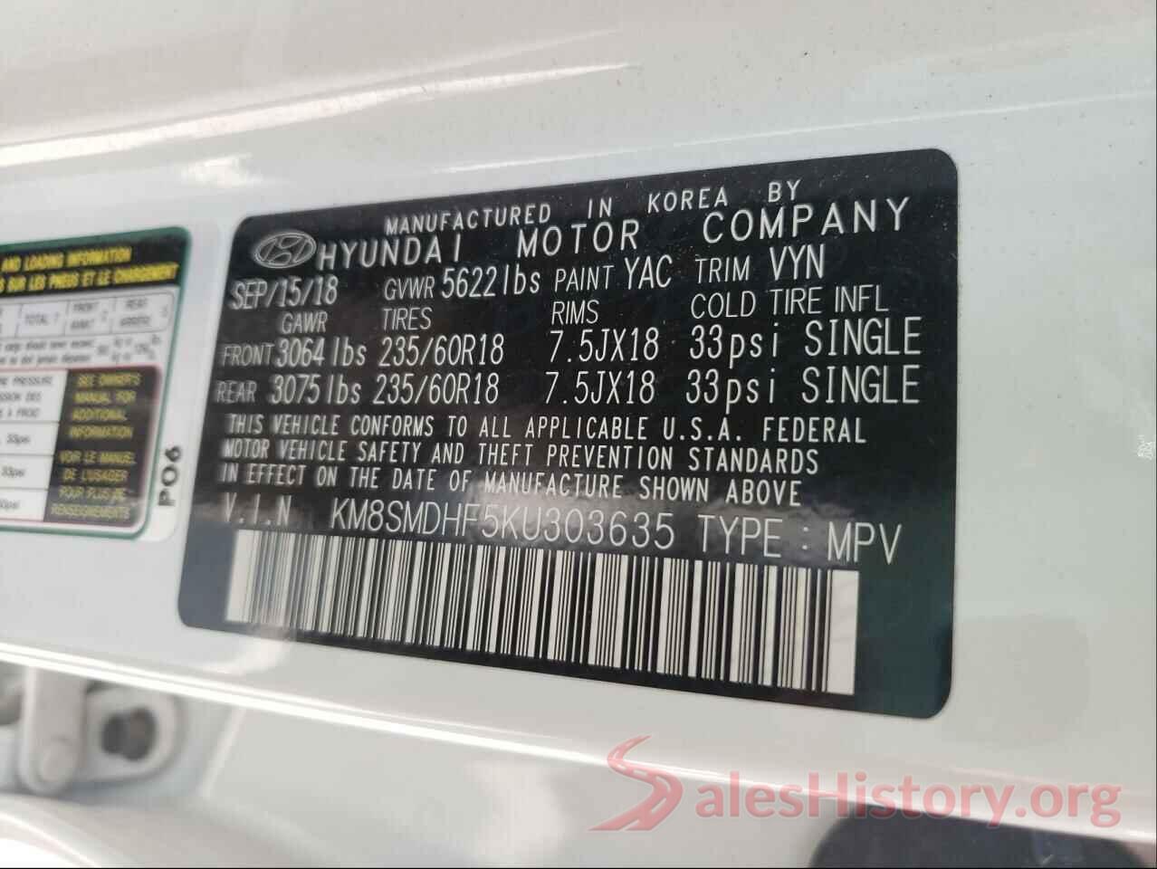 KM8SMDHF5KU303635 2019 HYUNDAI SANTA FE