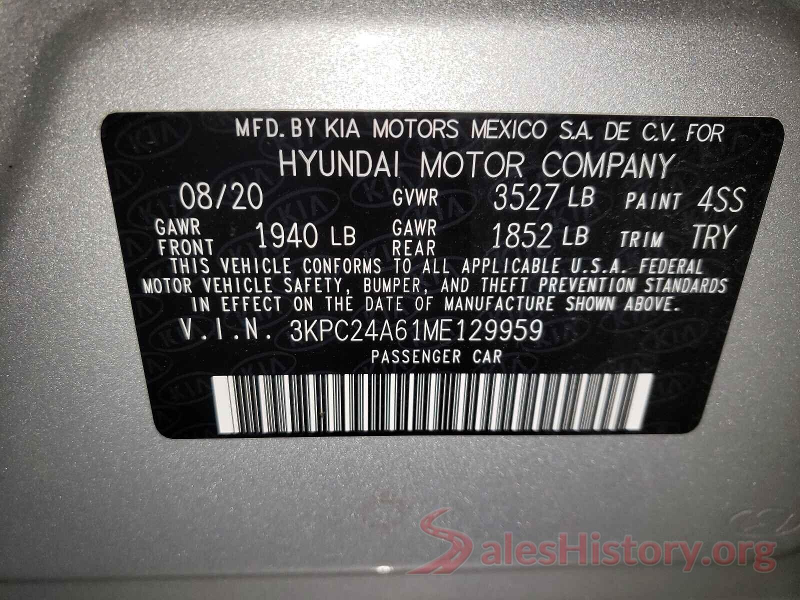 3KPC24A61ME129959 2021 HYUNDAI ACCENT