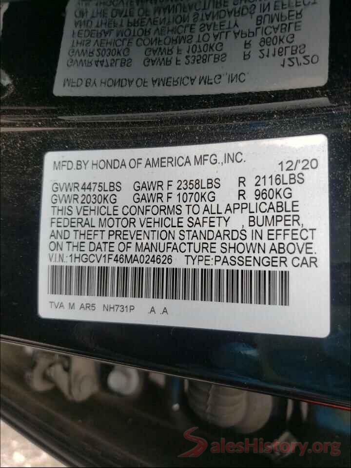 1HGCV1F46MA024626 2021 HONDA ACCORD