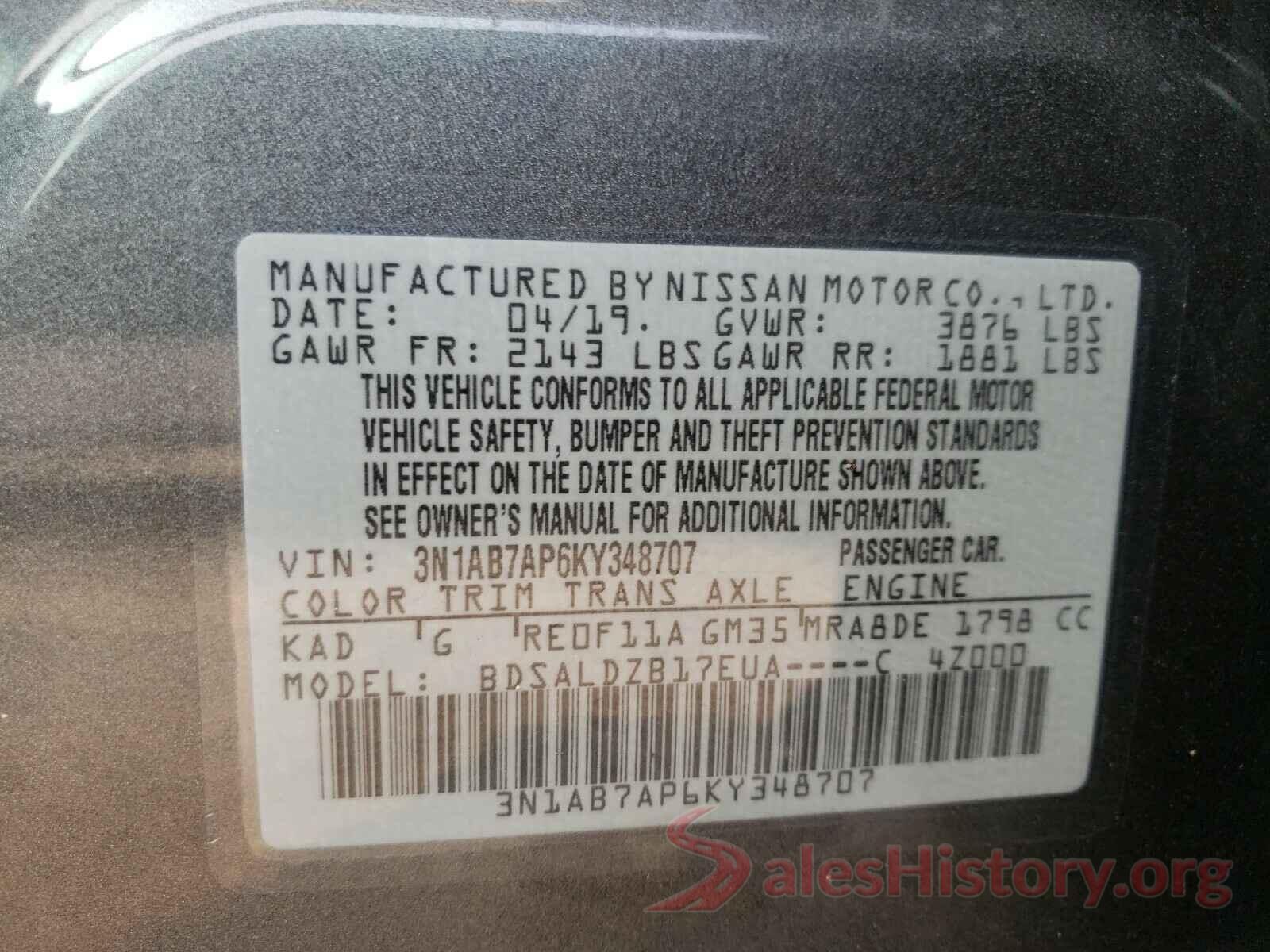 3N1AB7AP6KY348707 2019 NISSAN SENTRA