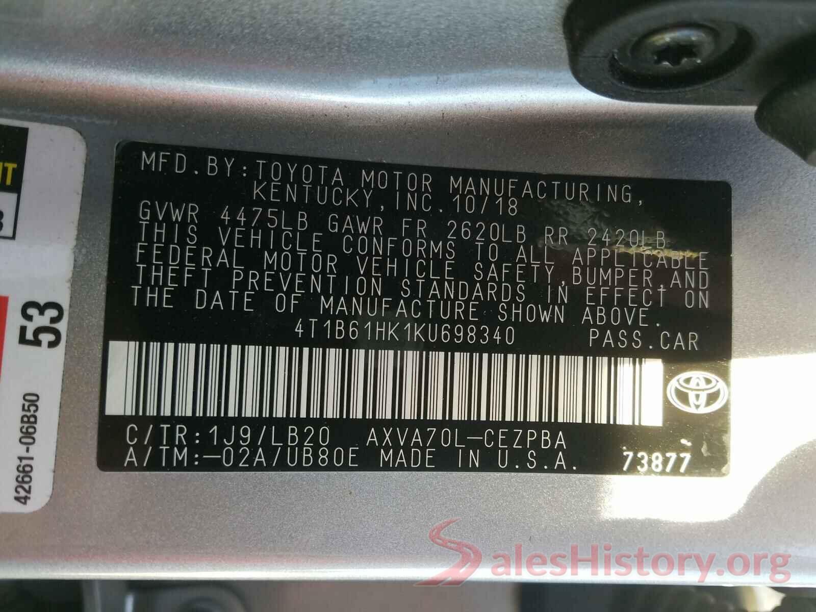 4T1B61HK1KU698340 2019 TOYOTA CAMRY