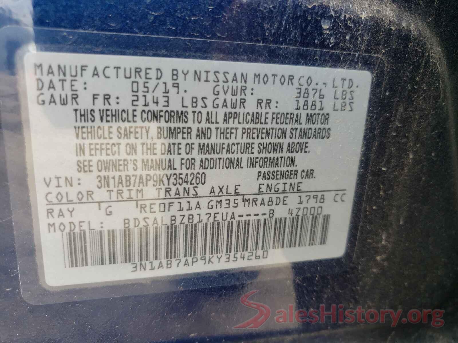 3N1AB7AP9KY354260 2019 NISSAN SENTRA