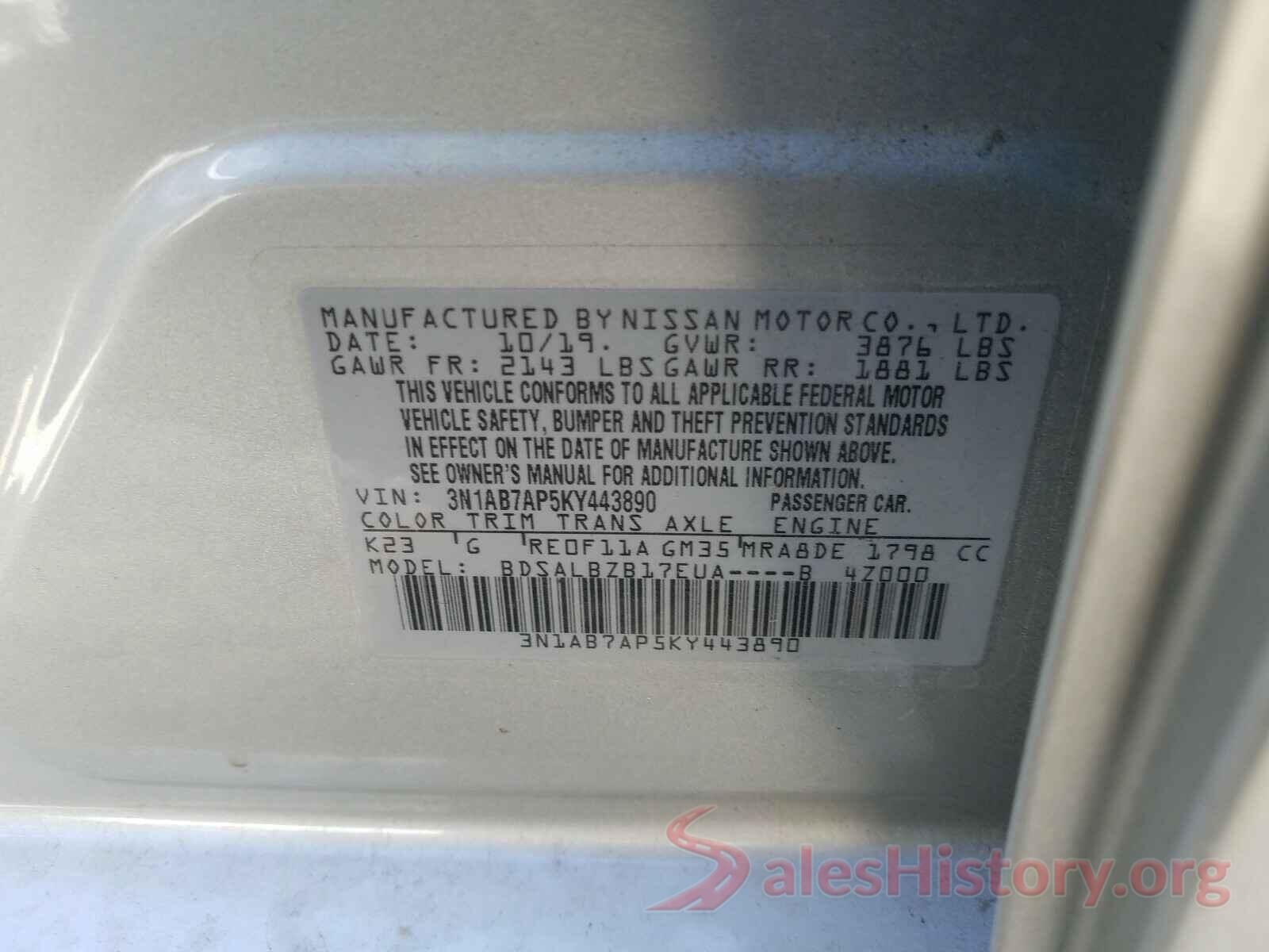 3N1AB7AP5KY443890 2019 NISSAN SENTRA