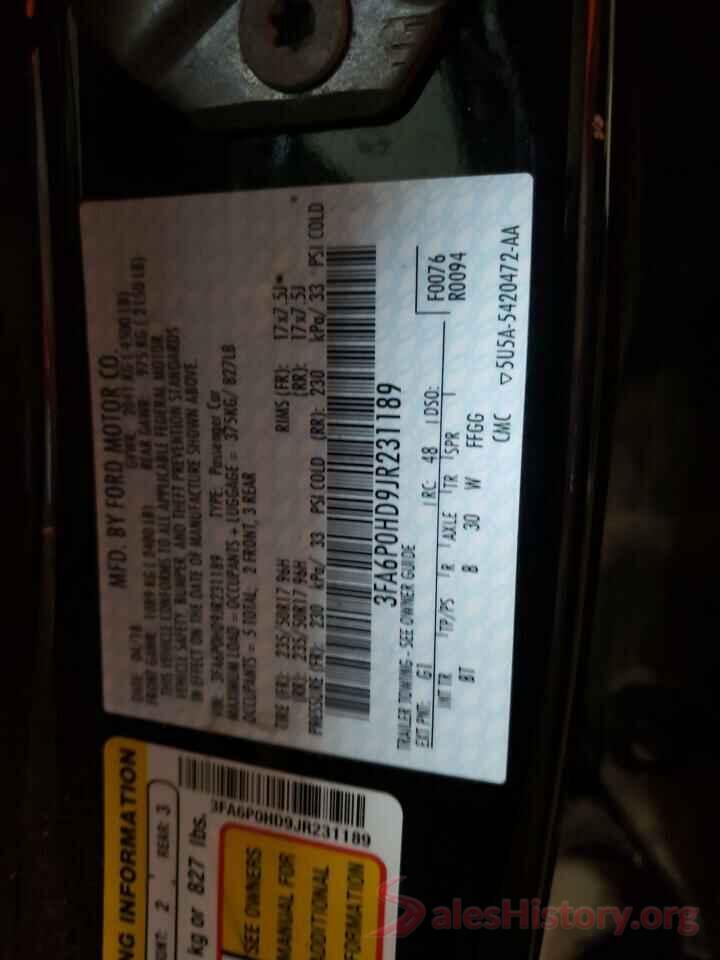 3FA6P0HD9JR231189 2018 FORD FUSION