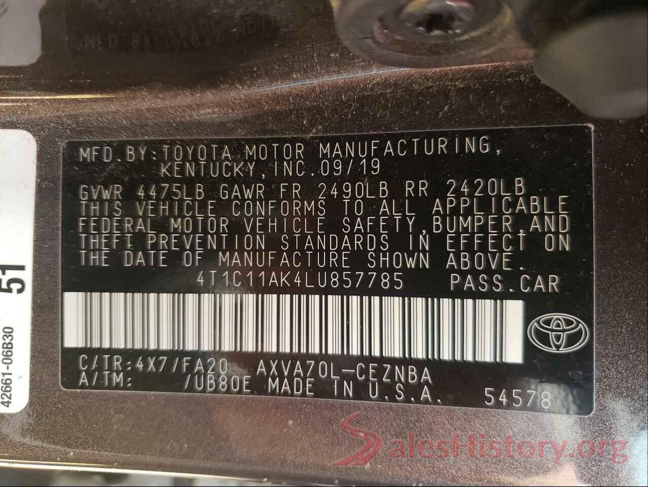 4T1C11AK4LU857785 2020 TOYOTA CAMRY