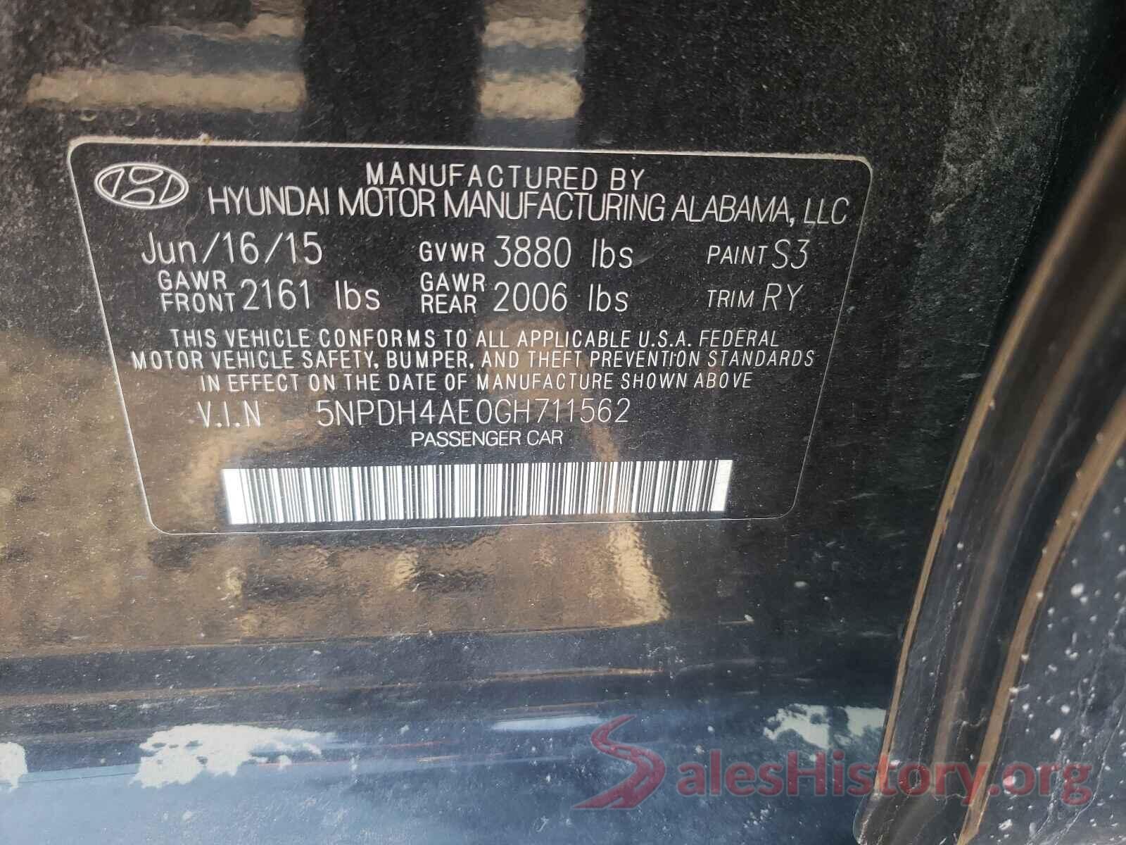 5NPDH4AE0GH711562 2016 HYUNDAI ELANTRA