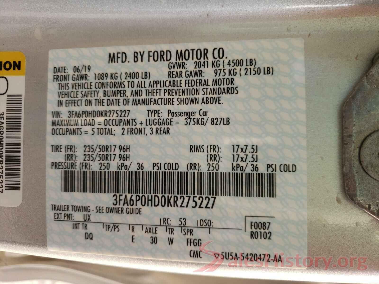 3FA6P0HD0KR275227 2019 FORD FUSION