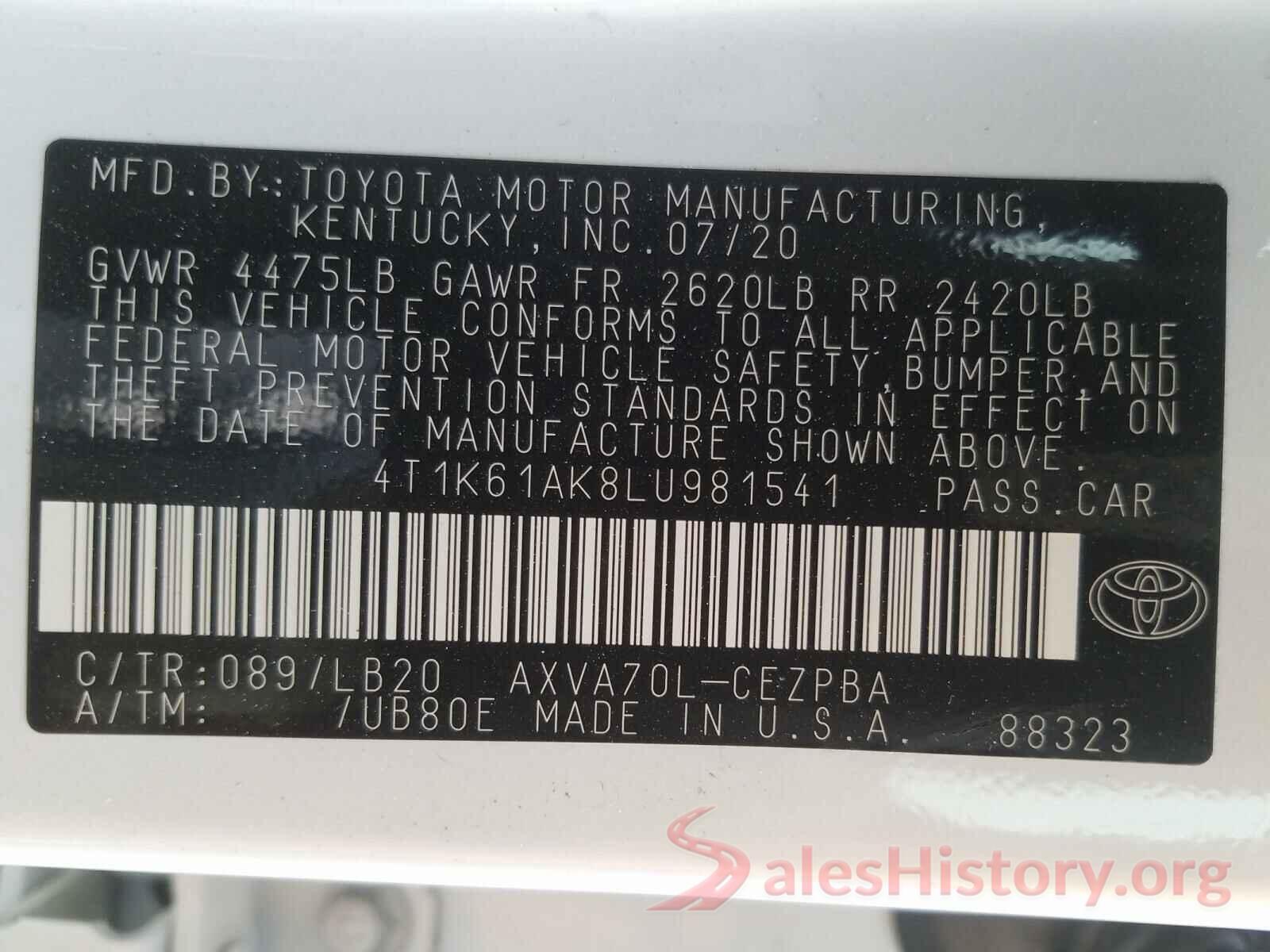 4T1K61AK8LU981541 2020 TOYOTA CAMRY