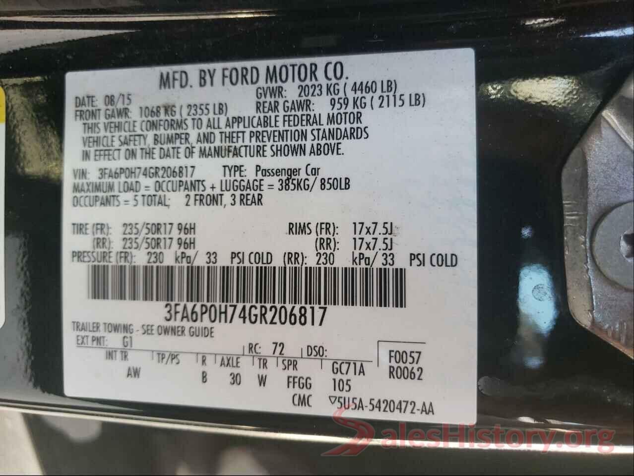 3FA6P0H74GR206817 2016 FORD FUSION