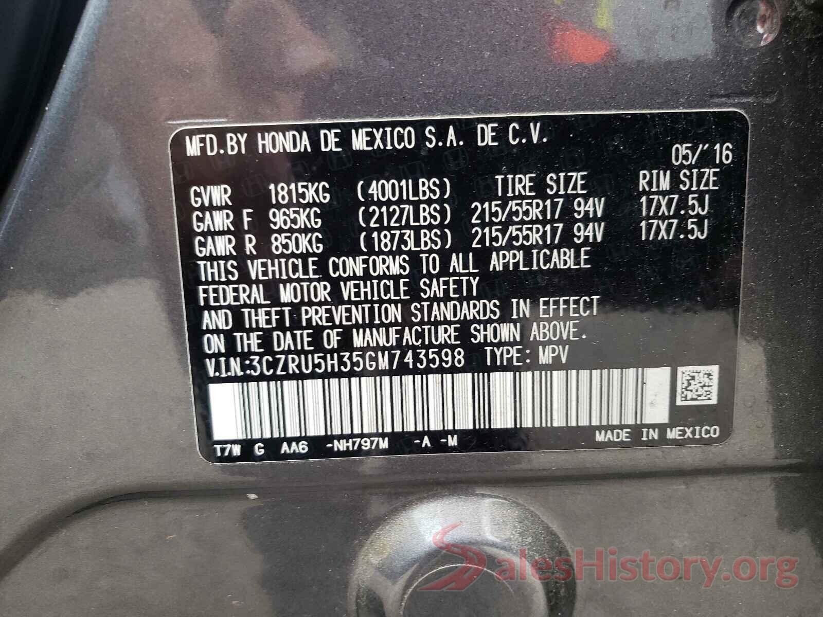 3CZRU5H35GM743598 2016 HONDA HR-V