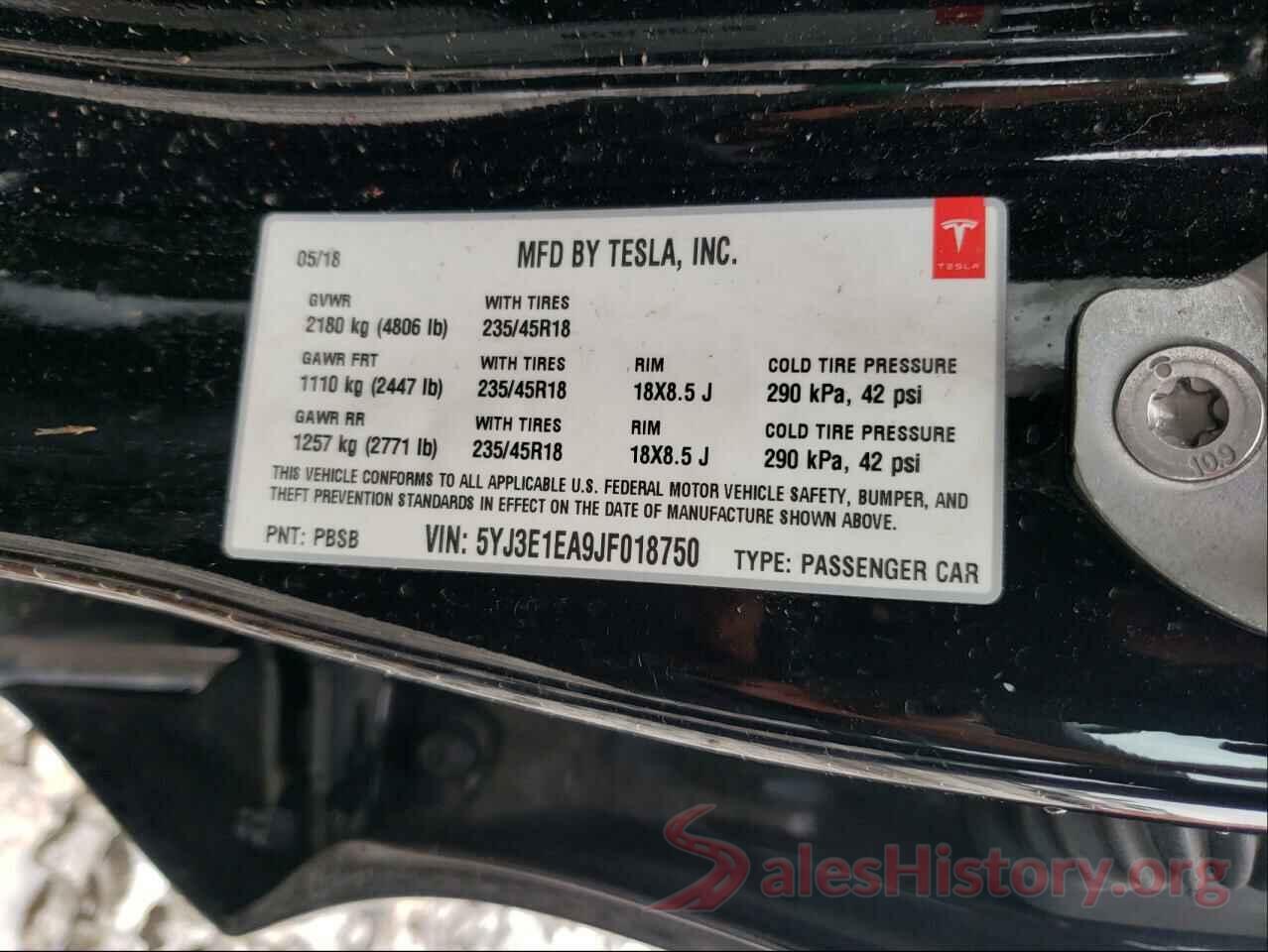 5YJ3E1EA9JF018750 2018 TESLA MODEL 3