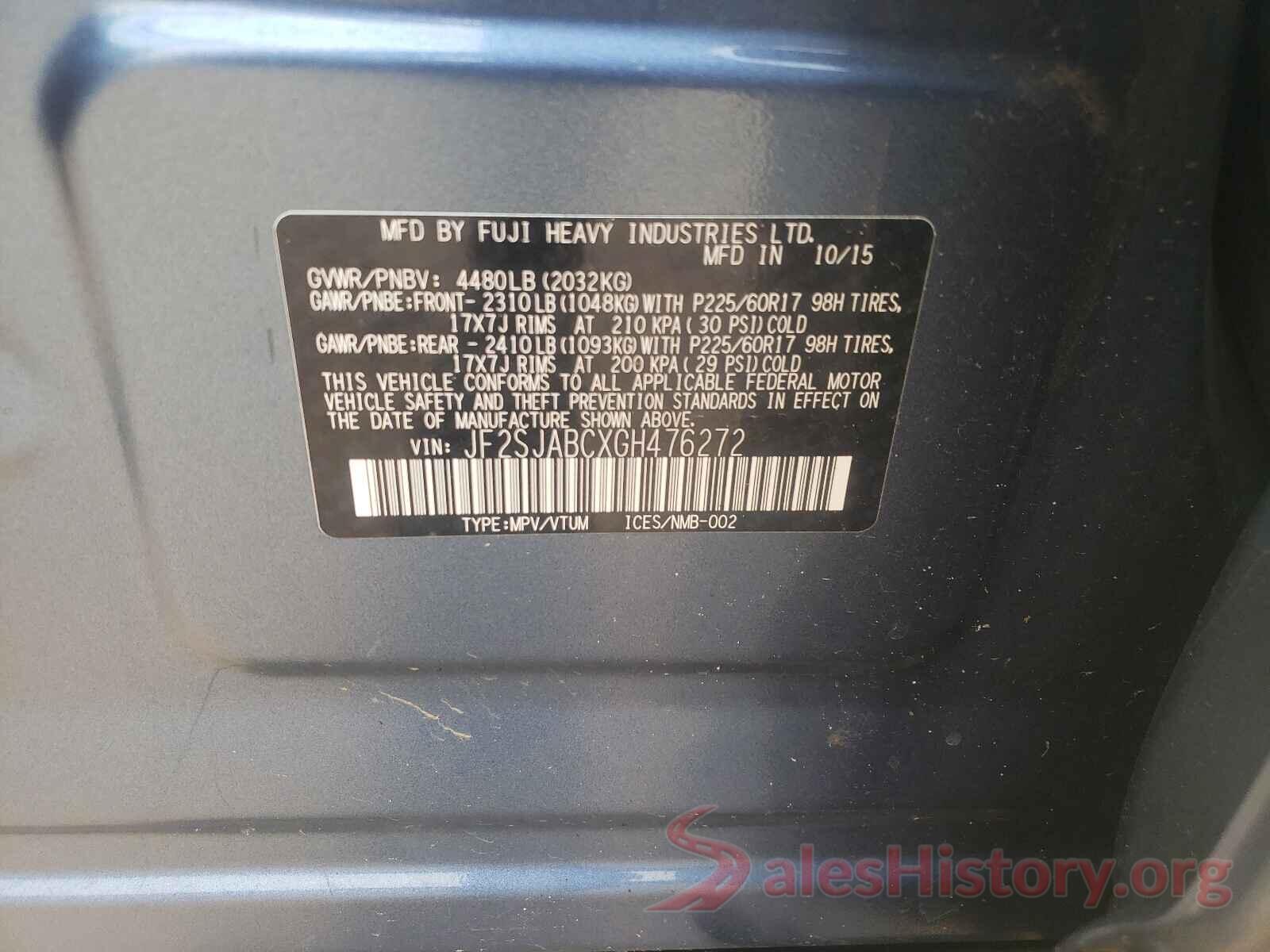 JF2SJABCXGH476272 2016 SUBARU FORESTER