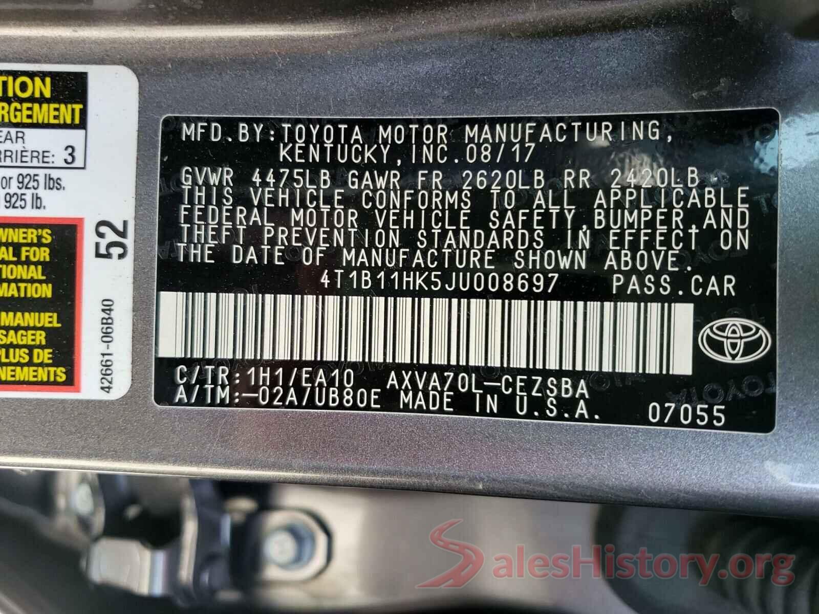 4T1B11HK5JU008697 2018 TOYOTA CAMRY