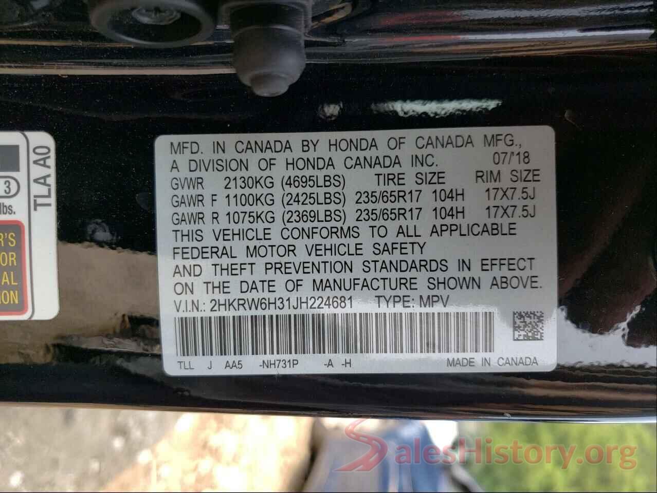 2HKRW6H31JH224681 2018 HONDA CRV