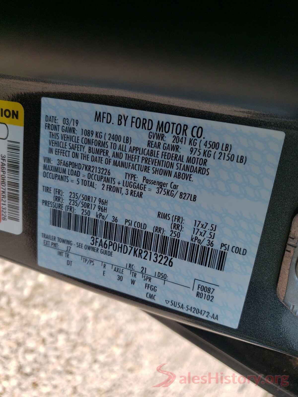 3FA6P0HD7KR213226 2019 FORD FUSION