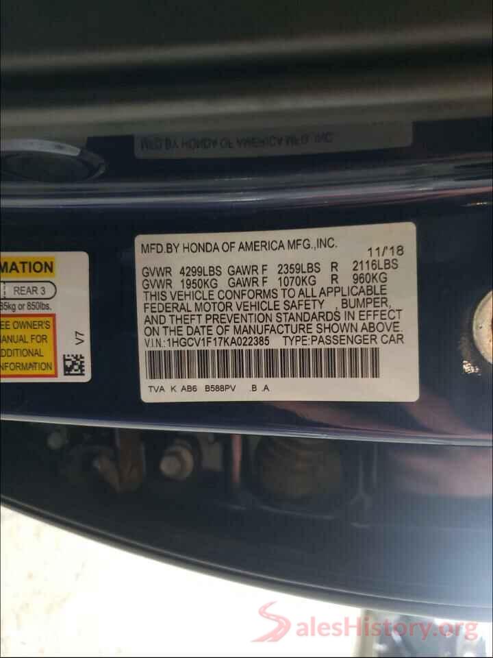 1HGCV1F17KA022385 2019 HONDA ACCORD