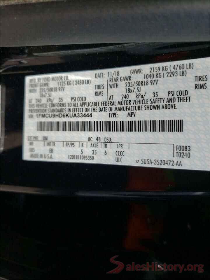 1FMCU9HD6KUA33444 2019 FORD ESCAPE