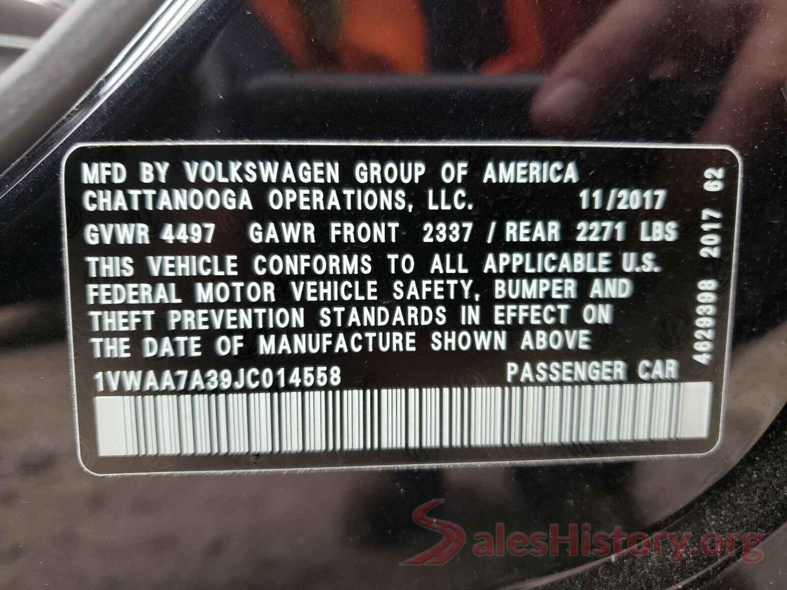 1VWAA7A39JC014558 2018 VOLKSWAGEN PASSAT