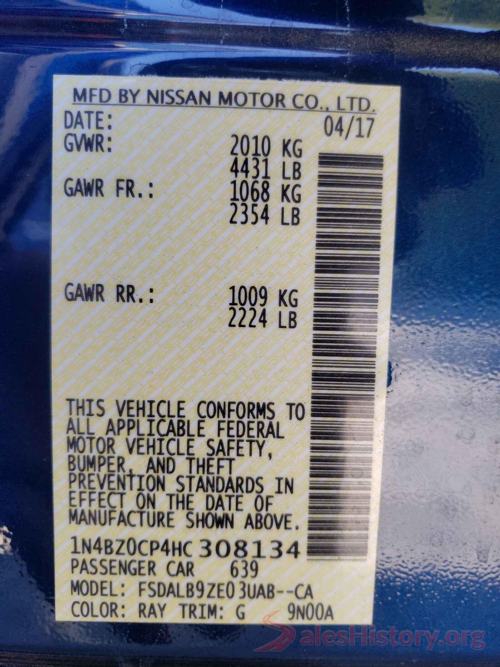 1N4BZ0CP4HC308134 2017 NISSAN LEAF