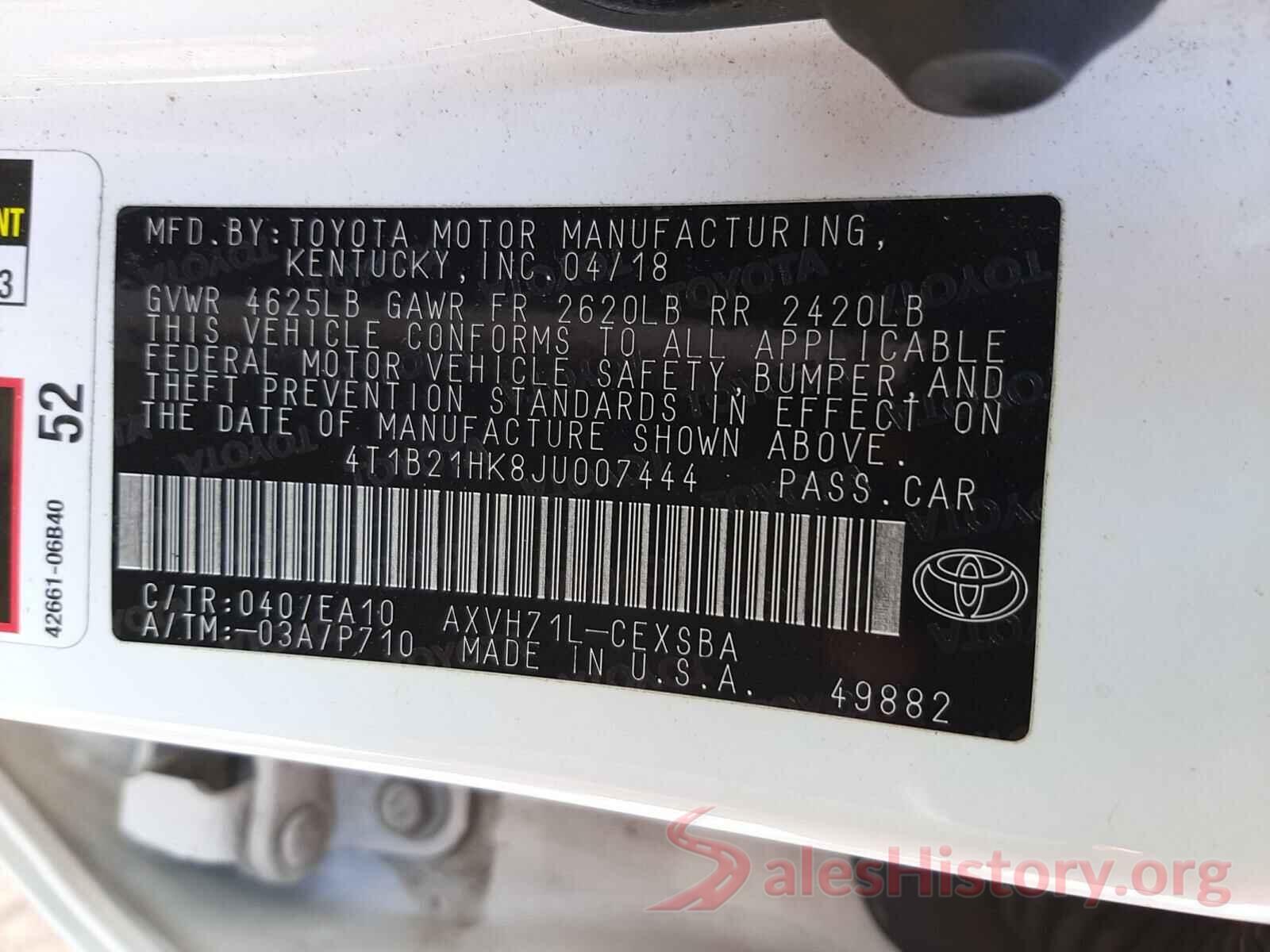 4T1B21HK8JU007444 2018 TOYOTA CAMRY