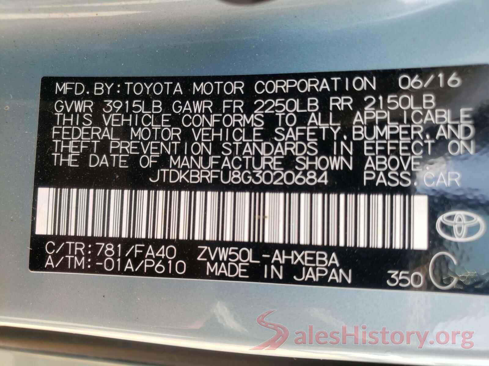 JTDKBRFU8G3020684 2016 TOYOTA PRIUS